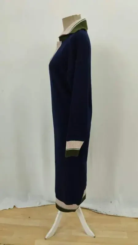 Women Long Sleeve Collar Multi Color Knitted Long Dress - 9
