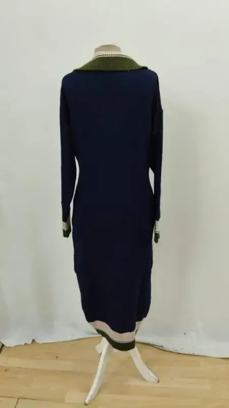 Women Long Sleeve Collar Multi Color Knitted Long Dress - 10