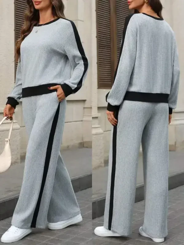 Women Long Sleeve Crew Neck Fleece Lined Rib Knit Blouse and Pants Set - 1