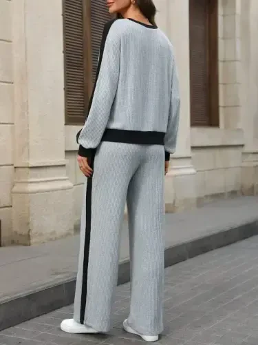 Women Long Sleeve Crew Neck Fleece Lined Rib Knit Blouse and Pants Set - 4