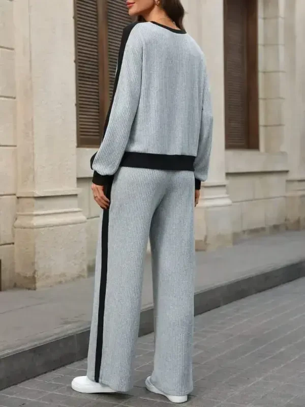 Women Long Sleeve Crew Neck Fleece Lined Rib Knit Blouse and Pants Set - 4