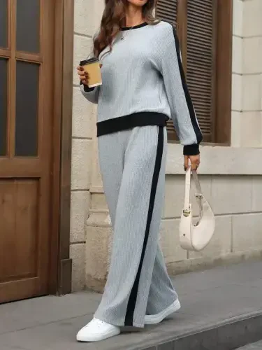 Women Long Sleeve Crew Neck Fleece Lined Rib Knit Blouse and Pants Set - 5