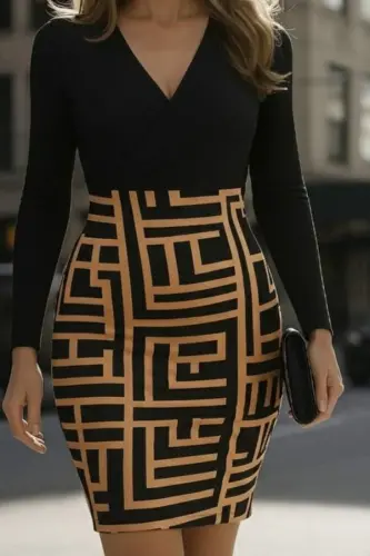 Women Long Sleeve Crossover Neck Labyrinth Print Scuba Dress - BÜYÜKBEDENIZ (1)