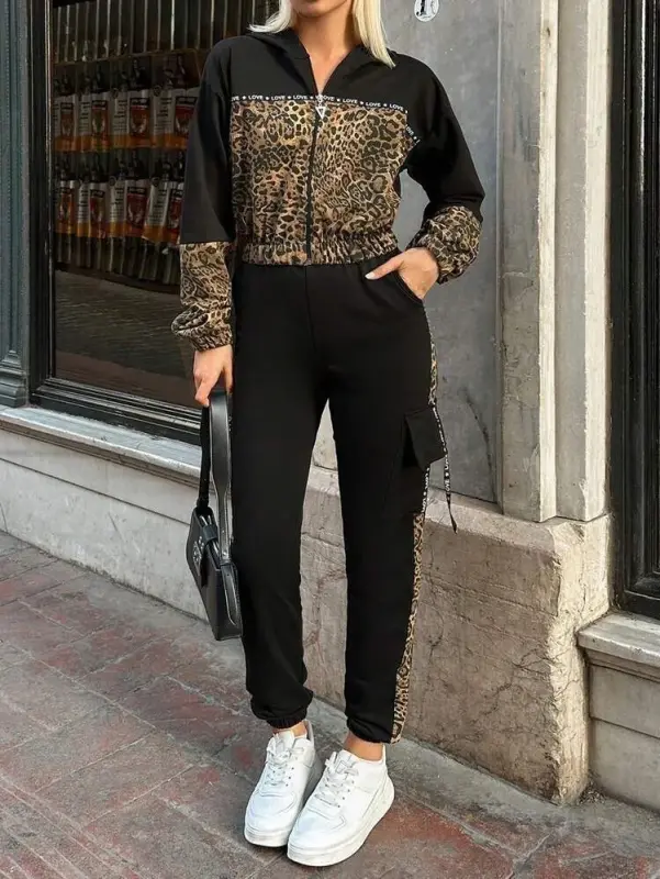 Women Long Sleeve Hooded Leopard Patterned Viscose Two Thread Blouse And Trousers Two Piece Set - 3