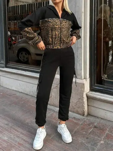 Women Long Sleeve Hooded Leopard Patterned Viscose Two Thread Blouse And Trousers Two Piece Set - 4