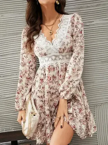 Women's Long Sleeve Lace V Neck Mini Patterned Supreme Dress - 2