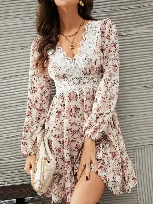 Women's Long Sleeve Lace V Neck Mini Patterned Supreme Dress - 2