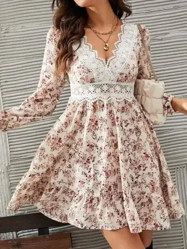 Women's Long Sleeve Lace V Neck Mini Patterned Supreme Dress - 3
