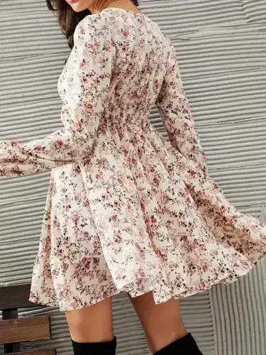 Women's Long Sleeve Lace V Neck Mini Patterned Supreme Dress - 5