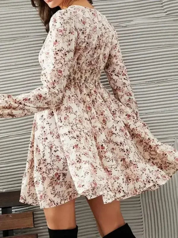 Women's Long Sleeve Lace V Neck Mini Patterned Supreme Dress - 5