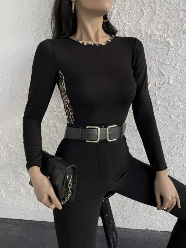 Women Long Sleeve Leopard Striped Viscose Blouse - BÜYÜKBEDENIZ