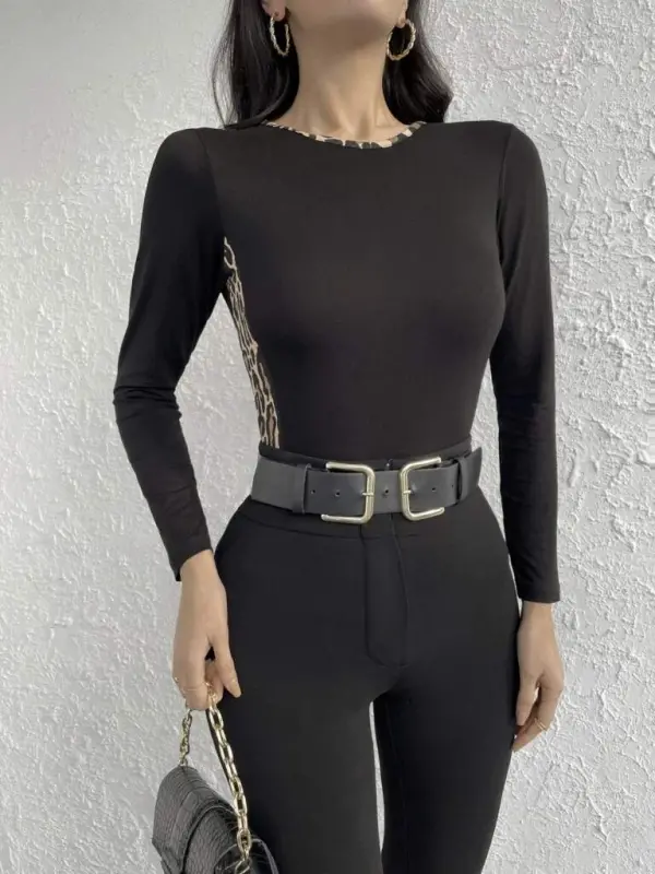 Women Long Sleeve Leopard Striped Viscose Blouse - 2