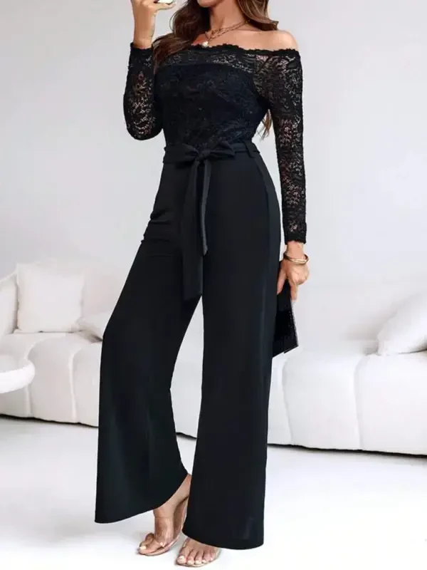 Women Long Sleeve Madonna Collar Lace Up Side Tie Imported Crepe Jumpsuit - BÜYÜKBEDENIZ