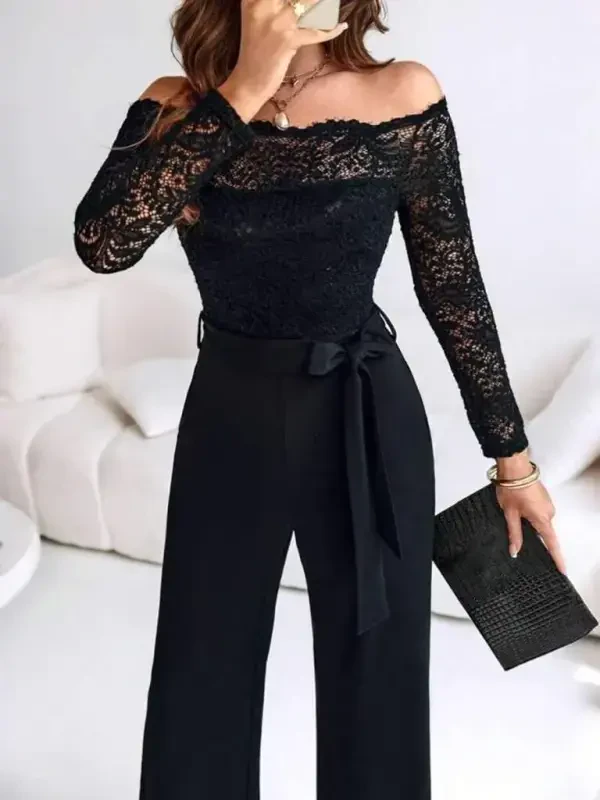 Women Long Sleeve Madonna Collar Lace Up Side Tie Imported Crepe Jumpsuit - 2