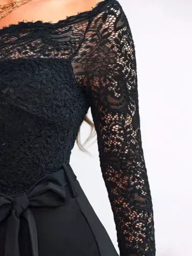 Women Long Sleeve Madonna Collar Lace Up Side Tie Imported Crepe Jumpsuit - 3