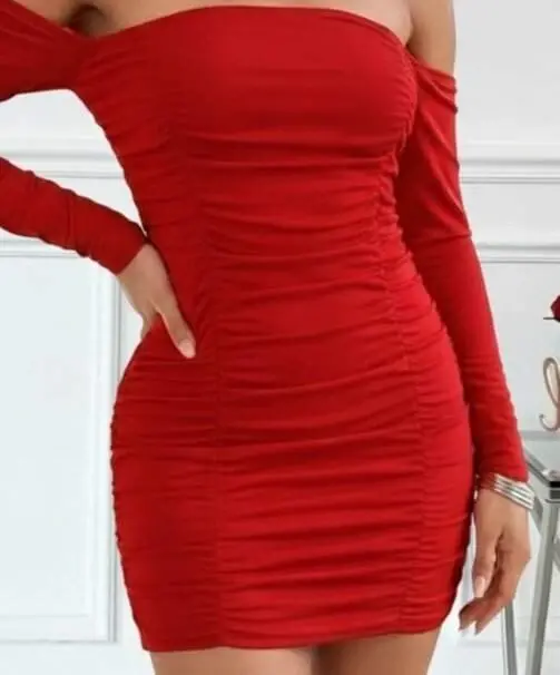 Women Long Sleeve Off The Shoulder Detachable Sleeve Ruched Sandy Mini Dress - 2