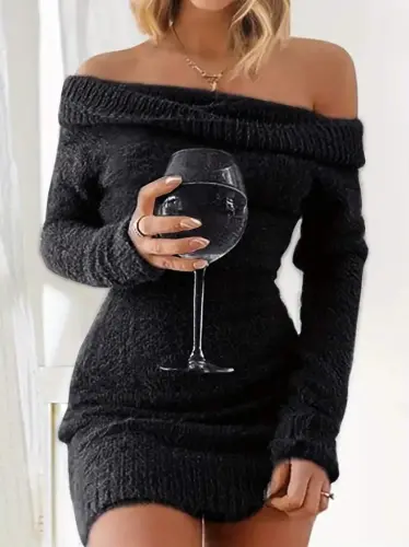 Women Long Sleeve Off The Shoulder Short Fleece Knit Dress - 1