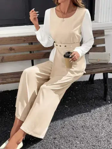 Women Long Sleeve Open Collar Two Color Belted Imported Crepe Pant Suit - 2