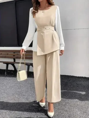 Women Long Sleeve Open Collar Two Color Belted Imported Crepe Pant Suit - 3