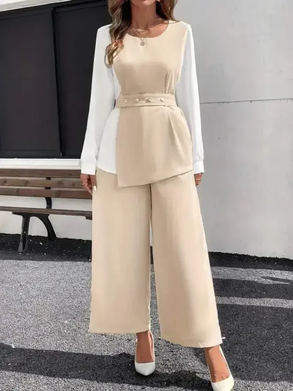 Women Long Sleeve Open Collar Two Color Belted Imported Crepe Pant Suit - 4