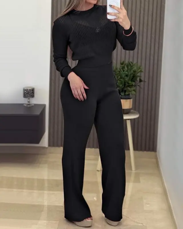 Women Long Sleeve Round Neck Sheer Detailed Knit Blouse And Pants Two-Piece Set - 1