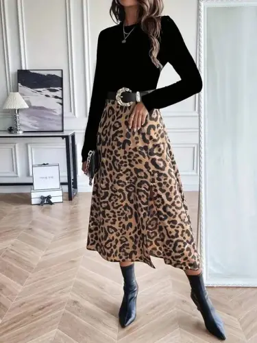 Women Long Sleeve Turtleneck Imported Crepe Blouse Bottom Patterned Modal Midi Dress - 4