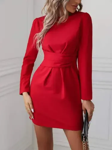 Women Long Sleeve Turtleneck Waist Belt Detail Imported Crepe Dress - BÜYÜKBEDENIZ (1)