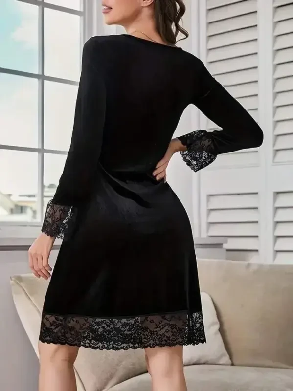 Women Long Sleeve V Neck Lace Mini Velvet Dress - 5