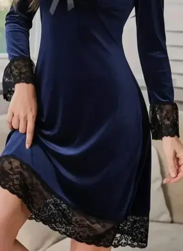 Women Long Sleeve V Neck Lace Up Mini Velvet Dress - 3