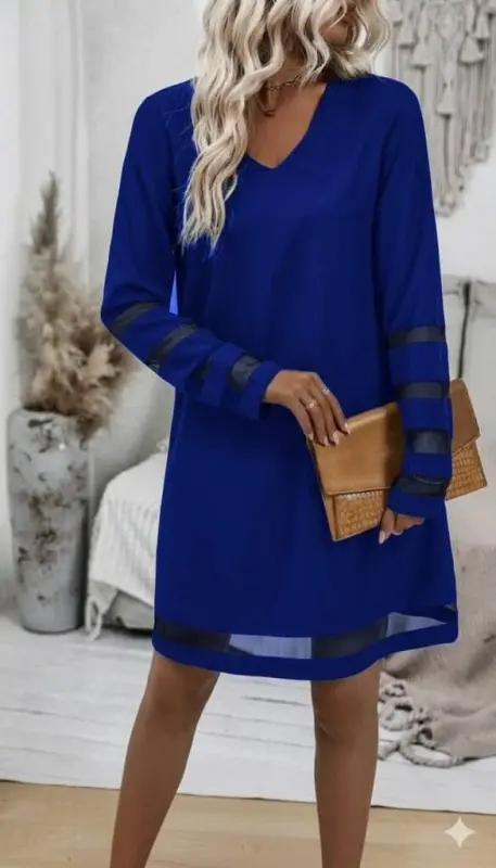 Women Long Sleeve V Neck Tulle Detail Mini Crepe Dress - BÜYÜKBEDENIZ