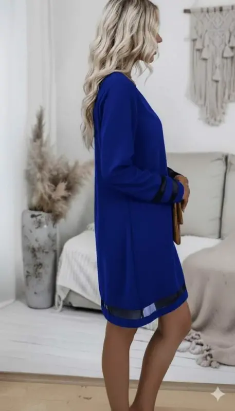 Women Long Sleeve V Neck Tulle Detail Mini Crepe Dress - 2