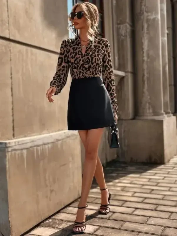 Women Long Sleeve Wrap Neck Crepe Mini Size Dress - 2