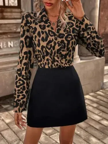 Women Long Sleeve Wrap Neck Crepe Mini Size Dress - 3