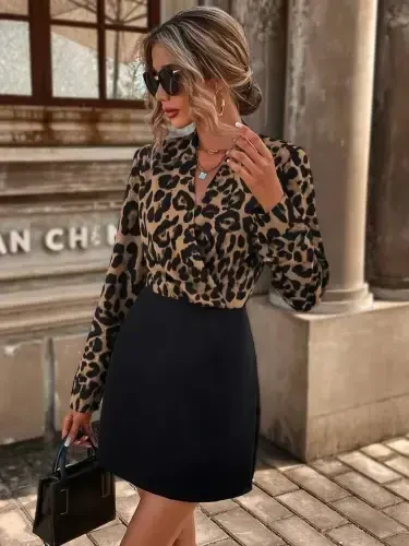 Women Long Sleeve Wrap Neck Crepe Mini Size Dress - 4