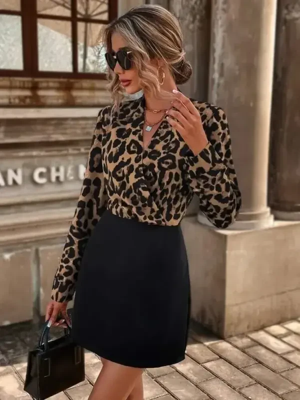 Women Long Sleeve Wrap Neck Crepe Mini Size Dress - 4