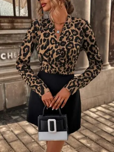 Women Long Sleeve Wrap Neck Crepe Mini Size Dress - 6