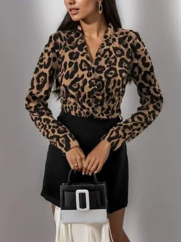 Women Long Sleeve Wrap Neck Crepe Mini Size Dress - 7