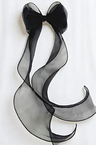 Women Long Tulle Bow Barrette Dark Black-BLACK - 1