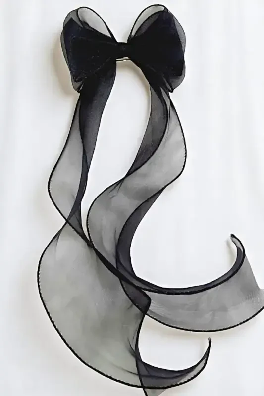 Women Long Tulle Bow Barrette Dark Black-BLACK - 1