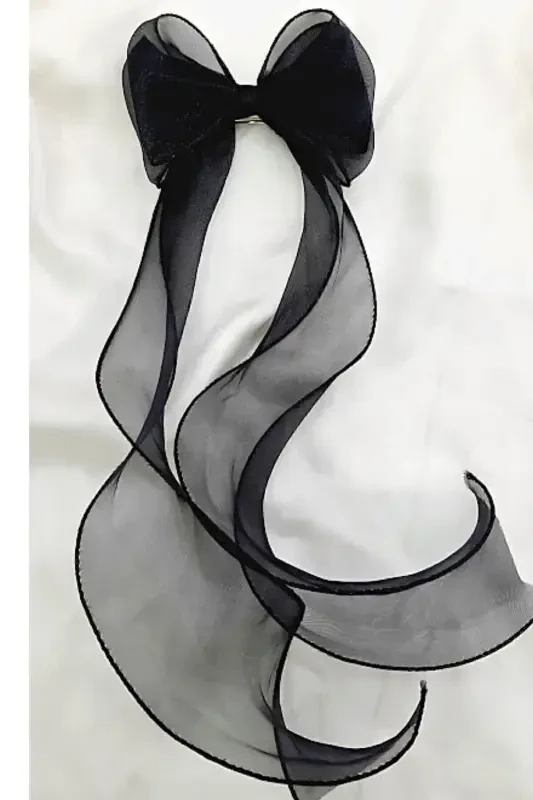 Women Long Tulle Bow Barrette Dark Black-BLACK - 2