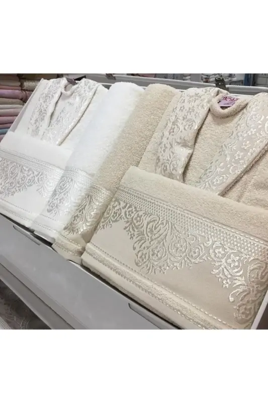 Women Men Beige Family Bathrobe Set-cream beige - FIESTA