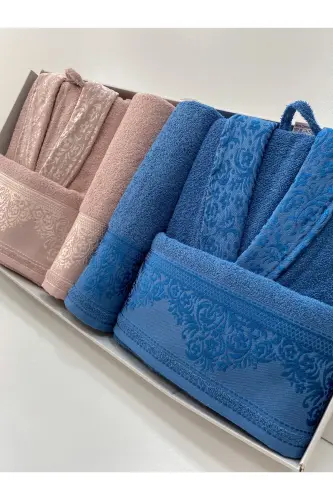 Women Men Family Bathrobe Set 100% Cotton-Powder*Dark Blue 