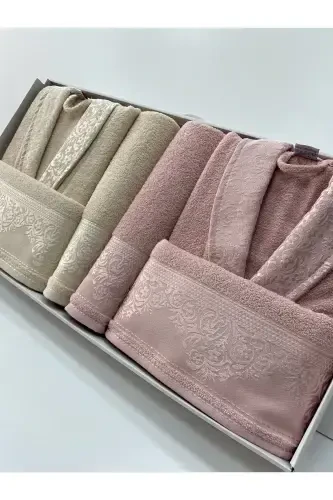 Women Men Family Bathrobe Set Cotton-BEIGE*POWDER - 1