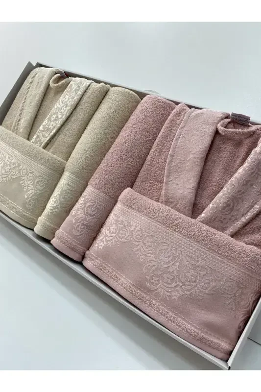 Women Men Family Bathrobe Set Cotton-BEIGE*POWDER - FIESTA