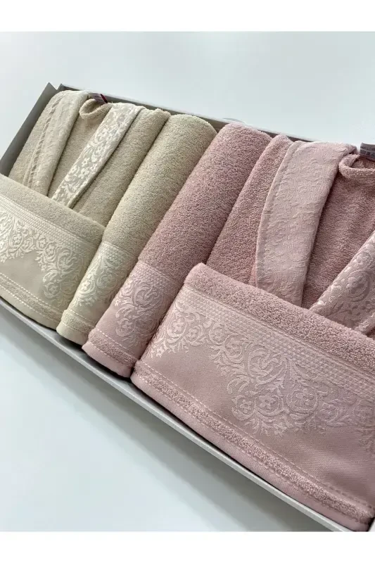 Women Men Family Bathrobe Set Cotton-BEIGE*POWDER - 2