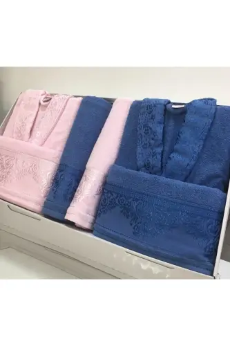 Women Men Pink Navy Blue Cotton Family Bathrobe Set-Pink 