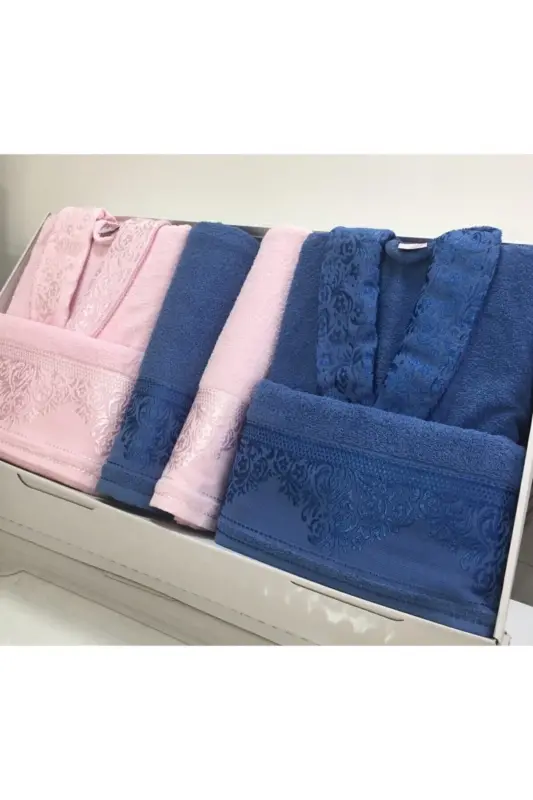 Women Men Pink Navy Blue Cotton Family Bathrobe Set-Pink - GENEL MARKALAR
