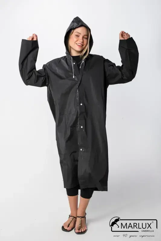Women Men Raincoat Hooded Snap Eva Black Raincoat M21mrc881r03-Black - 3