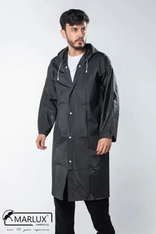 Women Men Raincoat Hooded Snap Eva Black Raincoat M21mrc881r03-Black - 4