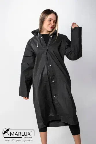 Women Men Raincoat Hooded Snap Eva Black Raincoat M21mrc881r03-Black - 5